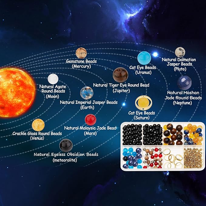 SUNNYCLUE 1 Box 300+Pcs DIY 10 Sets Solar System Bracelets Kit Galaxy Universe The Nine Guardian Planets Obsidian Beads Beading Bracelet Necklace Natural Gemstone Bead for Jewelry Making Kits Craft