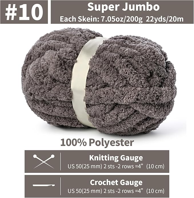 10 Pack Jumbo Chenille Yarn for Crocheting, #10 Super Bulky Baby Soft Yarn for Hand Knitting, 220 yds /70.5 oz Fluffy Chunky Knit Throw Blanket Yarn (Dark Grey)
