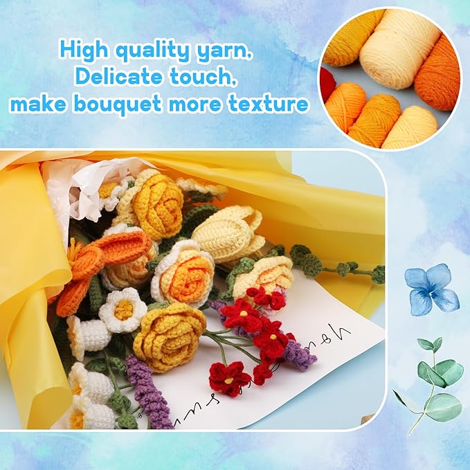 Iuuidu Crochet Kit for Beginners, Flower Bouquet Crochet Kit Rose, Knitting Starter Kit with Crochet Yarn and Step-by-Step Instructions for Birthday, Wedding Anniversary Day Present