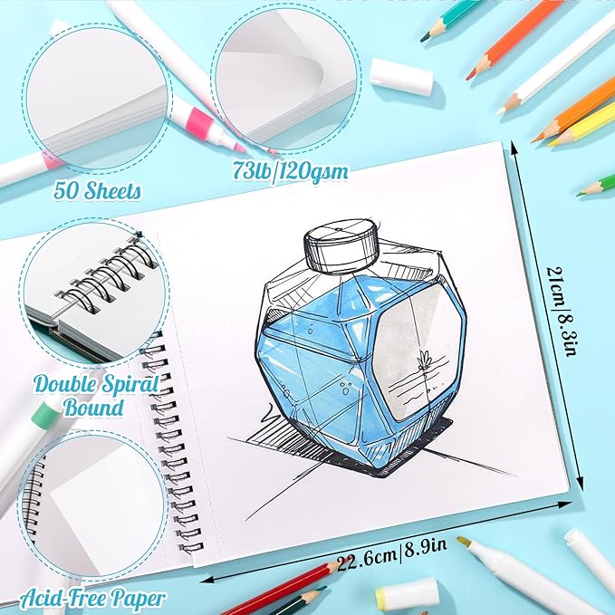 50 Sheets Marker Paper Pad, 8.3×8.9 Inch Bleedproof Art Sketch Pad, 73lb/120gsm Drawing Paper Spiral Sketch Book, Painting Coloring Alcohol Marker Paper for Beginners, Artists, Ideal Gift