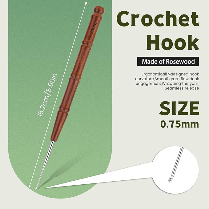 Wuadua 0.75mm Crochet Hook, Ergonomic Crochet Hooks with Wooden Handle, Crochet Needle for Arthritic, Ideal for Lace Thread, Perfect for Miniature Delicate Items