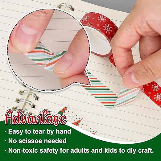 Whaline 12 Rolls Christmas Washi Tape Red Green Xmas Tree Snowman Santa Claus Gingerbread Man Candy Cane Pattern 15mm Decorative Masking Tape for Scrapbook Journal DIY Art Craft Gift Wrapping