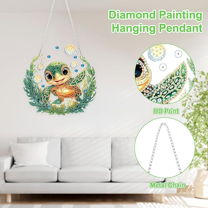 TOSTOG Diamond Art Hanging Kits for Adults, DIY Turtles Diamond Painting for Adults Window Pendant, Special Shape Diamonds Sea Turtles Diamond Painting Hanging Pendant Kit for Wall Decor Gift