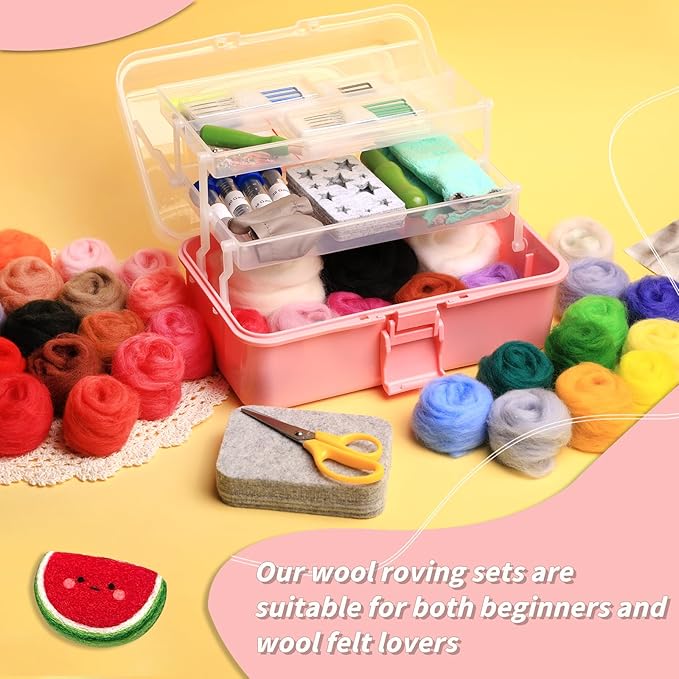 JUPEAN 221 Pcs Needle Felting Kit Needle Felting Starter Kit Needle Felting Supplies Including 43 Color Wool Roving Felting Molds Foam Mat and 4 Sizes Felting Needles for DIY Craft Project