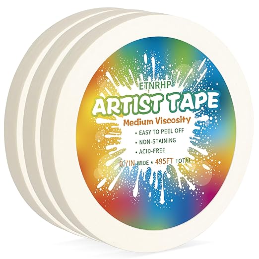 White Art Tape Medium Tack Artist Masking Tape Paper Acid Free Tape Watercolor Painters Tape Artists Tape for Drafting Art Watercolor Painting Canvas Framing, 0.7 inch Wide 495FT Long