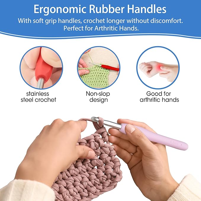 RealPlus Crochet Hooks, 12 Sizes Crochet Hook Set, Crochet Kit for Beginners, Knitting Needles with Ergonomic Handles for Arthritic Hands, Christmas Gifts for Women, Crochet Needles with Blue Case