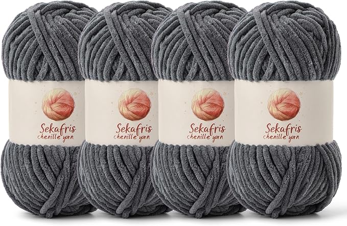 4 Pack Chunky Chenille Yarn for Crocheting, Baby Yarn for Crocheting Soft Blanket, 349.9 yds /14.1 oz Crochet Yarn, Bulky 5 Amigurumi Yarns, Fluffy Velvet Yarns for Knitting Crafts (4 Dark Gray)