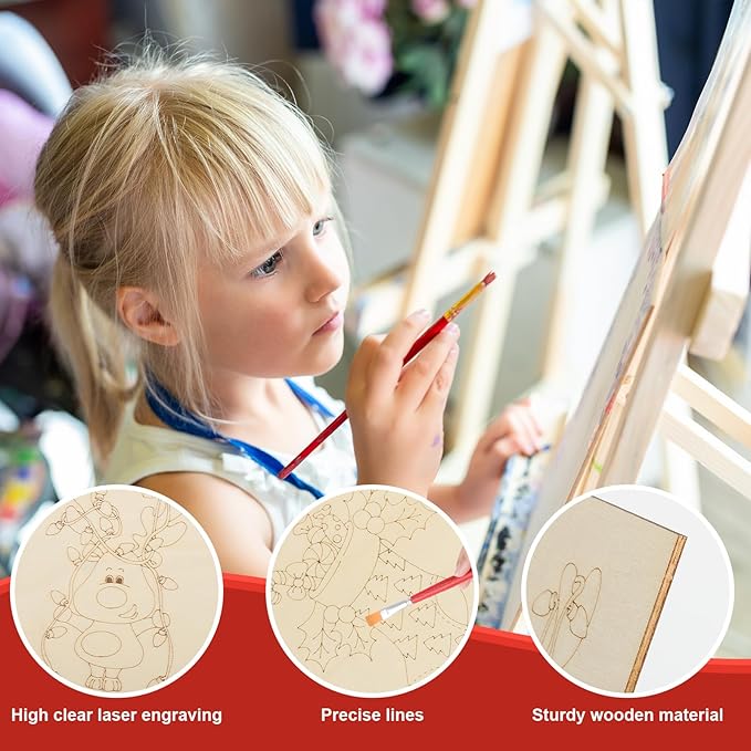 COCHIE 10 Pieces Large Christmas Unfinished Wood Crafts to Paint for Adults, Bulk Winter Predrilled Wooden Ornaments for Painting, Xmas Tree Truck Paintable Wood Slices Craft Supplies