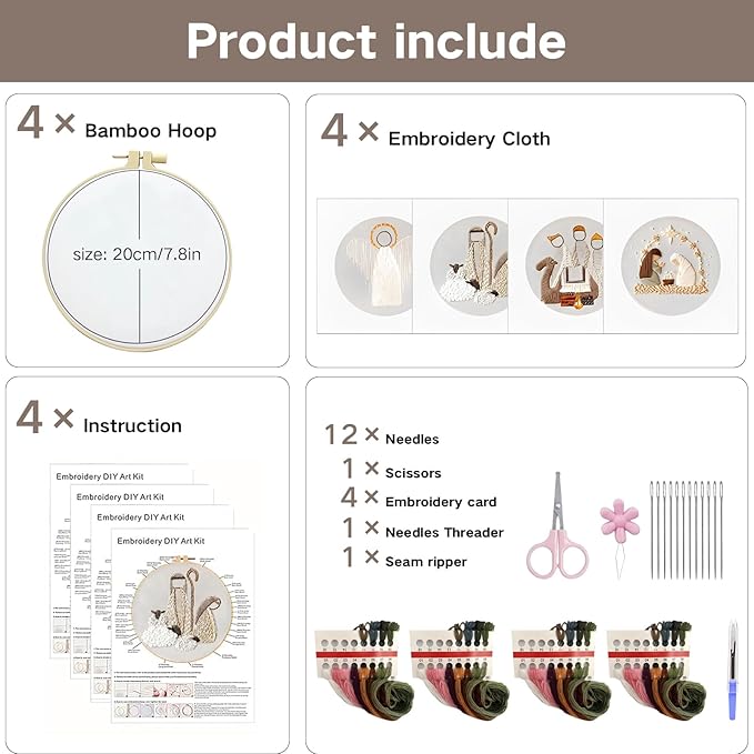 LGLRTD Nativity Embroidery Kits, 4 Sets Christmas Embroidery Kits for Beginners, Cross Stitch Kits for Adults with 4 Hoops, 4 Pattern, 12 Needles, Threads, Tools, DIY Needlepoint Craft Kit (Nativity)