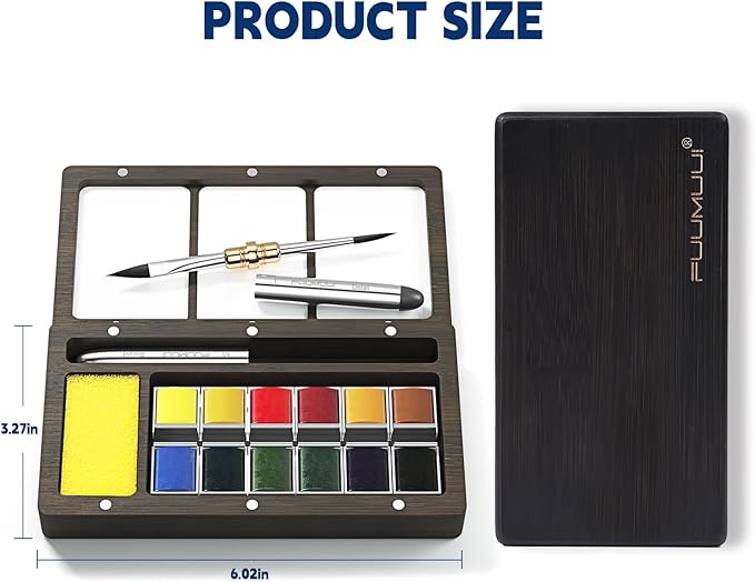 Fuumuui Watercolor Paint Set, 12 Watercolor Paints with Dual Tip Travel Watercolor Brushes Wooden Palette, Art Supplies for Painting, Travel Watercolor Set, Amateur Hobbyists