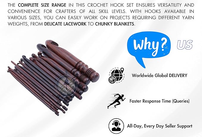 Exquisite Premium Rosewood Crafted Fine Crochet Hooks Pack with Exemplary Wood Work Handles Housed in Blue Velvet Box | Knitting & Crocheting Accessories by Nagina International