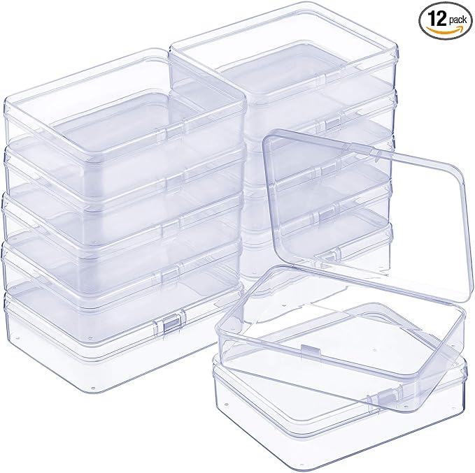SATINIOR 12 Pack Clear Plastic Beads Storage Containers Box with Hinged Lid for Beads and More (4.45 x 3.3 x 1.18 Inch)