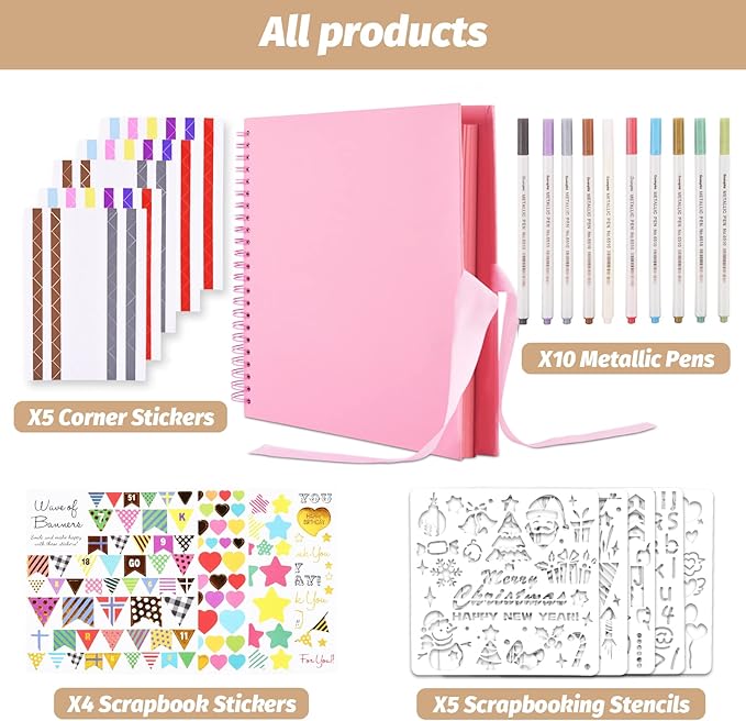 GOTIDEAL 12 x 12 Inch Scrapbook Album with 10 Metallic Markers,80 Pages Craft Paper Photo Album for Wedding and Anniversary, Family DIY Photo Album with Scrapbooking Stickers Corners(Pink)