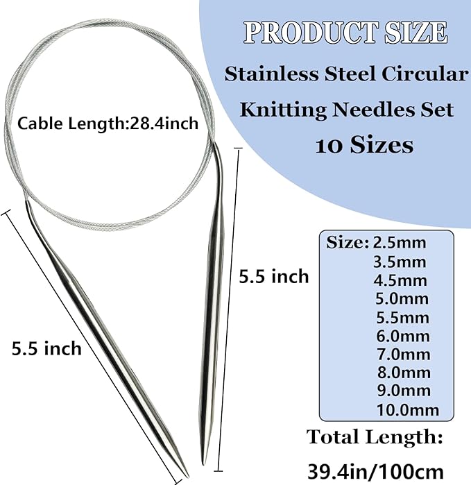 Hobekoee Knitting Needles Set,22Pcs 13.8" Straight Single Pointed Metal Knitting Needles Set and 10Pcs 40" Circular Knitting Needles Kit with Storage Bag for Beginners Knitting Lovers