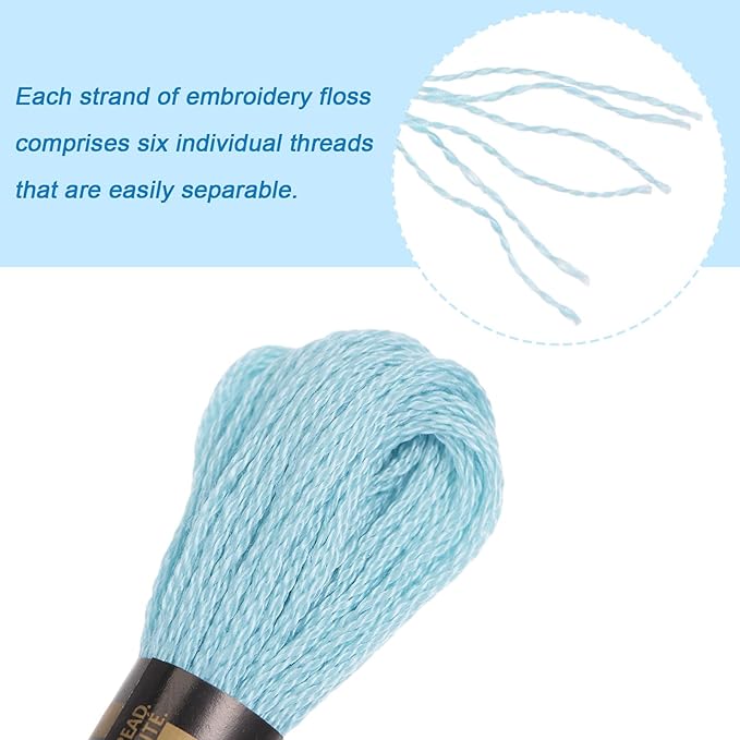 HARFINGTON 12 Skeins Embroidery Floss 8m Each Egyptian Long Fiber Cotton Cross Stitch Thread 26S/2x6 for Embroidery Projects Bracelet, Light Blue