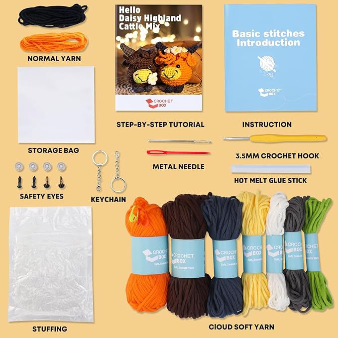CrochetBox Crochet Kit for Beginners - 2 PCS Highland Cow Keychain Crochet Kit, Learn to Crochet, Include Easy Knitting Yarn, Step-by-Step Video Tutorial, Hook, Holiday Birthday Gift for Adults