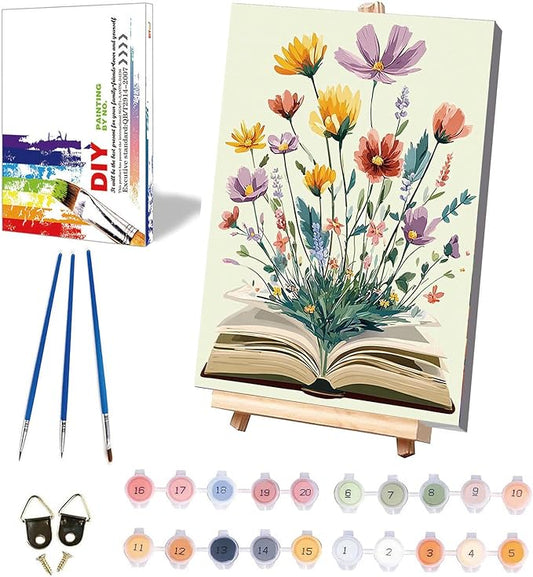 xackcme Book Paint by Numbers for Adults with Framed Canvas - with Wooden Easel, Flowers Paint by Number on Canvas, DIY Books Acrylic Oil Painting Kits with Brushes for Home Wall Decor (8x12 inch)