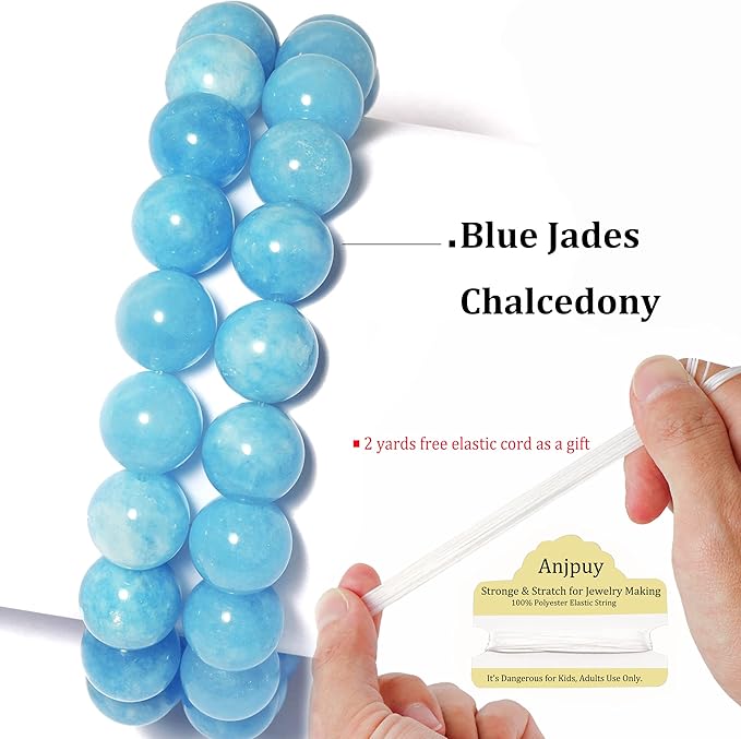 8mm Natural Blue Jades Chalcedony Round Bead - 45PCS Bulk Gemstone Beads for Jewelry Making, DIY Bracelets, Necklaces - Includes Crystal Stretch Cord - Stone Beads for Crafting Gifts