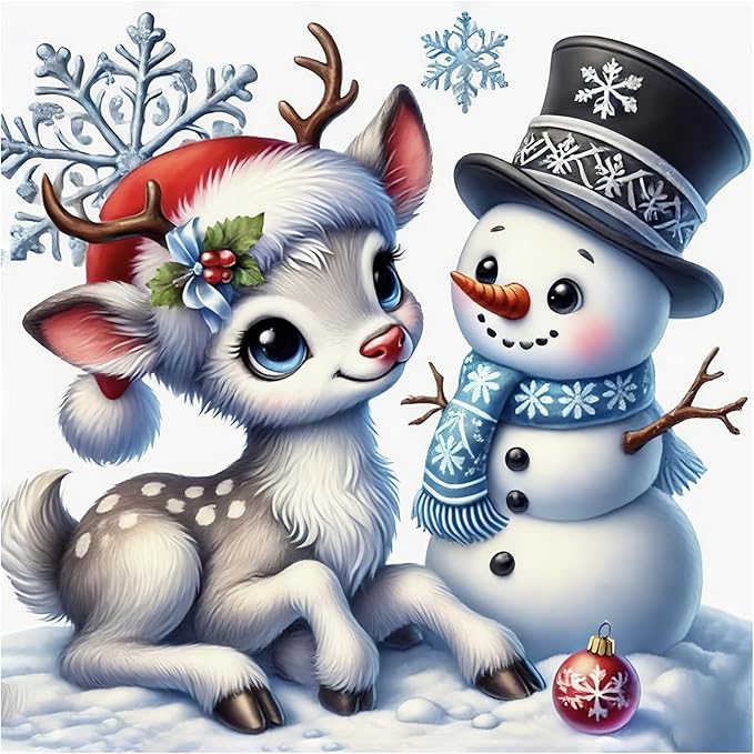 Christmas Diamond Art Kits for Adult,Snowman Xmas Deer Diamond Painting Kits for Beginners,DIY Round Full Drill Winter Holiday Diamond Dot Gem Art Kits for Home Decor Craft Gift (13.8x13.8inch)