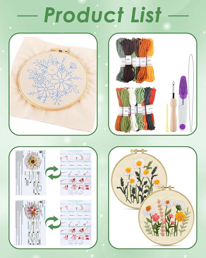 ERKOON Punch Needle Kit Adults Beginners, 2 Pcs DIY Easy Flower Embroidery Set for Starter Art Craft, Needling Punching Project with Patterns, Tools, Yarns, Hoop, Instruction (Colorful Flowers)