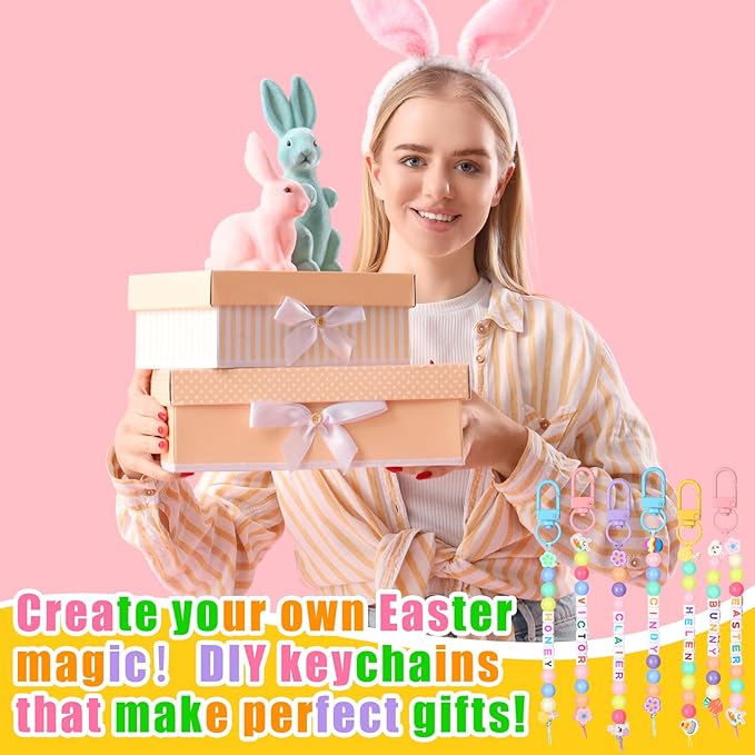 Landical 564 Pcs Easter Bead Keychain Kit DIY Easter Basket Name Tags Key Chain Making Craft Adjustable Letter Beads String Gift Alphabet Jewelry Backpack Accessories Spring Party Favor Decoration
