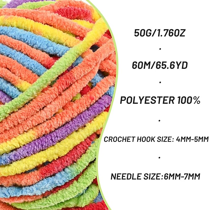 3 Packs Plush Chenille Chunky Crochet Yarn - Baby Yarn for Crocheting Soft - Velvet Yarns Knitting for Blankets Crafts - Fluffy Amigurumi Yarns 150g / 196.8yds (3 Rainbow)