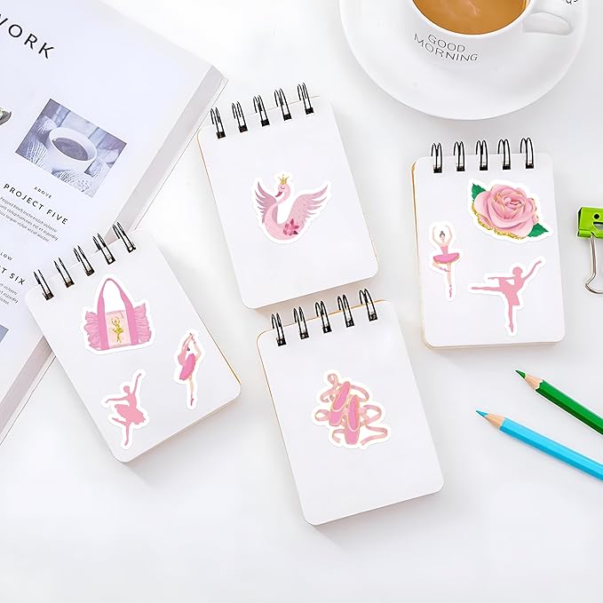 beyumi 1000pcs ballet dance themed stickers in 2 rolls pink dacing movements ballerina stickers waterproof vinyl decals for laptop bottle scrapbooking envelopes party decor gifts for girls kids teens