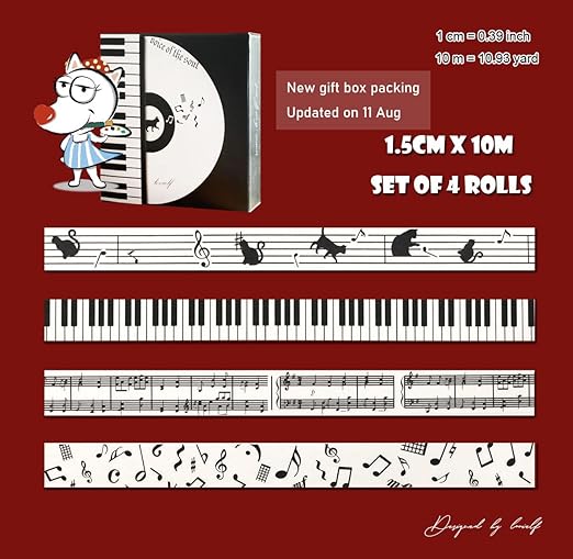 Black and White Piano Note Melody Keyboard Cat Staff Stave Score Music washi Tape Set of 4 Rolls - Decorative DIY Japanese Masking Scrapbook Notebook Planner | Length: 10m (10.93 Yards)