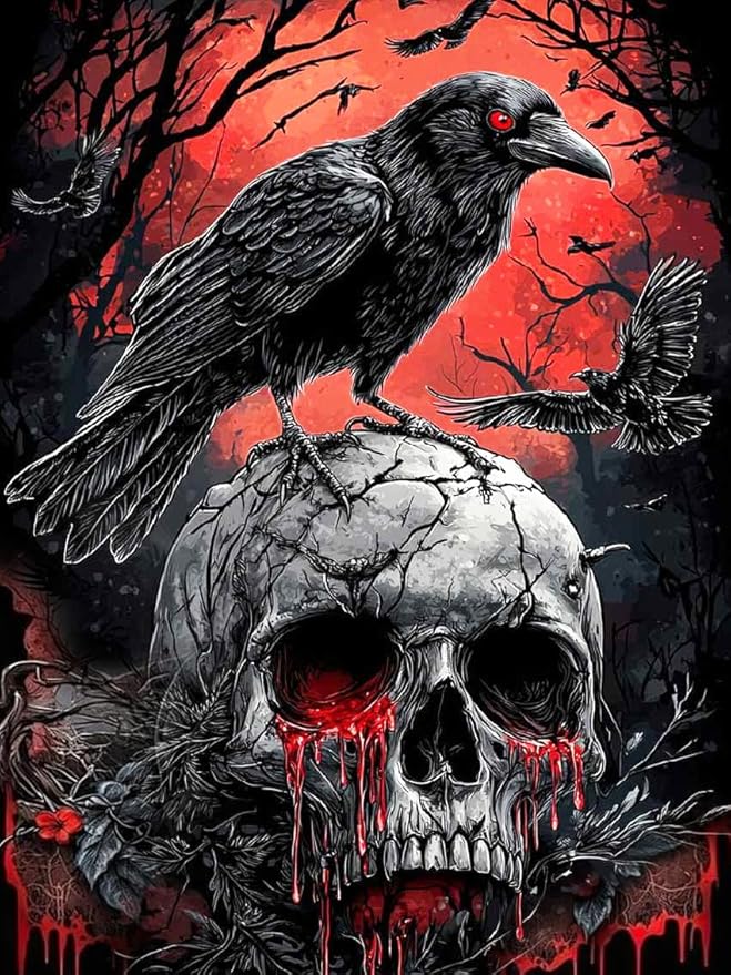 Mrnsiet Helloween Crow Diamond Painting Kits for Adults, 5D Skull with Blood Horror Diamond Art Kits for Beginners, DIY Full Drill Diamond Kits Gem Arts Crafts for Home Wall Decor 12 x 16 Inch