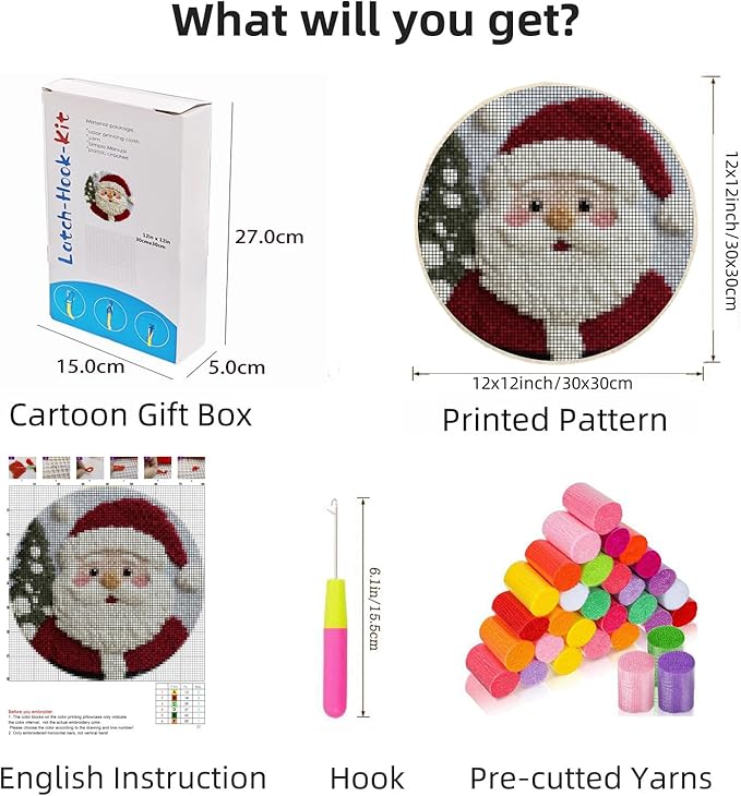 Latch Hook Rug Kit Cute Cartoon Santa Claus Easy for Beginners Round Shape Carpet Crochet Yarn Craft Mini Rug DIY Hook and Latch Little Tapestry for Home Decor 30x30cm-9