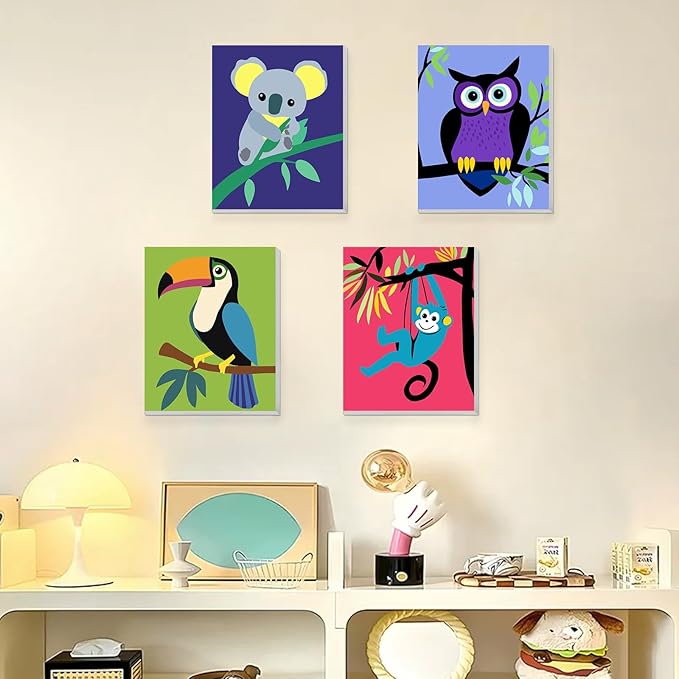 KEYIFA 4 Pack Framed Paint by Numbers Kit for Kids Age 6-12, Easy Animal Paintings for Adult Beginner, Framed Acrylic Canvas Painting for Home Decor Children Gift, 8x10 in (Toucan+Monkey+Koala+Owl)