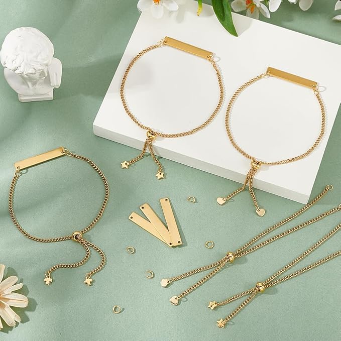 UNICRAFTALE DIY 304 Stainless Steel Rectangle Link Bracelet Making Kits Golden Engravable Bracelets Blank Tags Links Connectors 25cm Slider Bracelet 3.5mm Open Jump Rings for Bracelets Jewelry Making