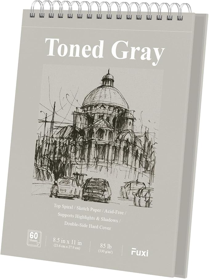 fuxi toned gray sketchbook 8.5x11, 60 sheets (85lb/150gsm) spiral bound, hardcover, artist sketch pads for drawing for adults with pencil, charcoal, colored pencils for artists & students, classroom.