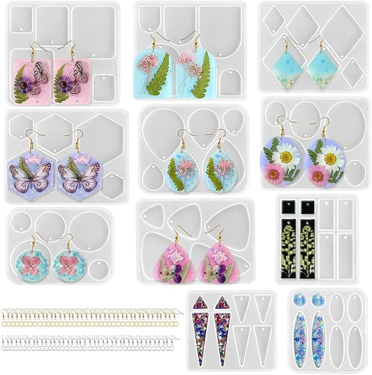 ResinWorld Earrings Molds with Varieties of Shapes and Sizes, 171Pcs Resin Jewelry Making Kit, Stud Dangle Drop Earrings Resin Molds with Hole