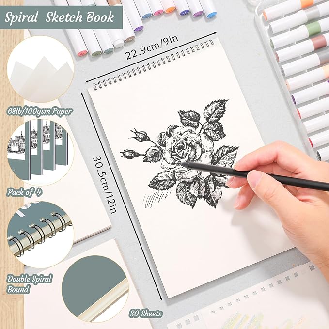 4 pack sketch book, 9 x 12 inch sketchbook, 68lb/100gsm top spiral bound sketch pad, acid free art supplies drawing painting sketching paper for kids, adults, beginners, artists (30 sheets each)