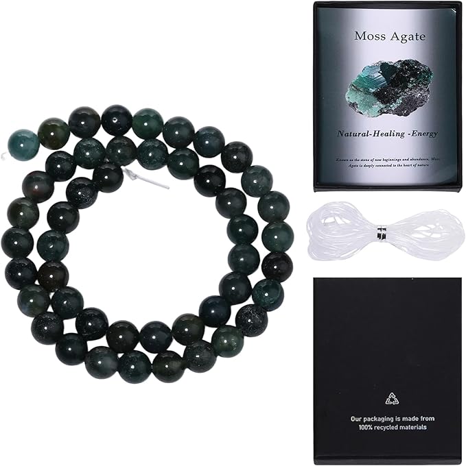 Song Xi 90pcs 4mm Natural Moss Agate Stone Beads for Jewelry Making, Gemstones Beads Bracelet for Necklace Earring Keychain, with Jewelry Box and Elastic for Christmas Wedding Birthday Gift
