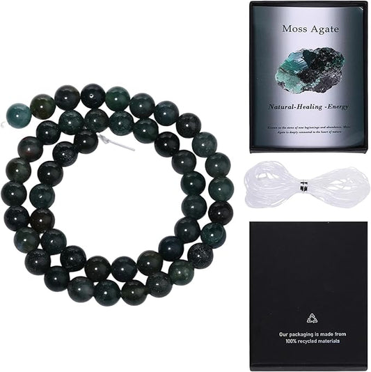 Song Xi 60pcs 6mm Natural Moss Agate Stone Beads for Jewelry Making, Gemstones Beads Bracelet for Necklace Earring Keychain, with Jewelry Box and Elastic for Christmas Wedding Birthday Gift