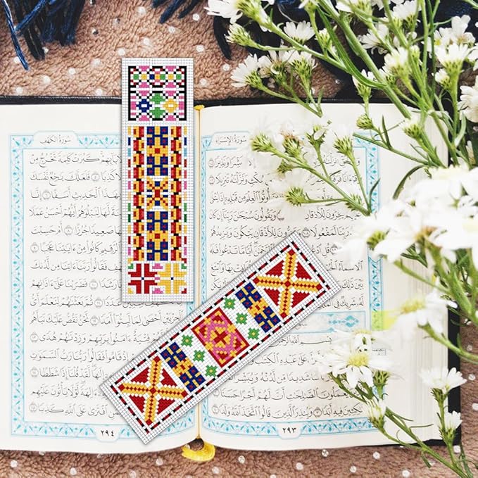 BEUNITONE Cross Stitch Bookmark Kits 6 Pcs Traditional Decorative Patterns Counted Cross Stitch Kit Hand Stamped Embroidery Kit for Beginners Floral Fabric Bookmark Making Kit DIY 8''x2.4''
