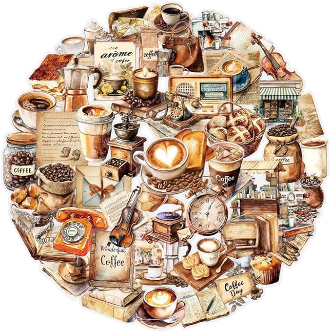 50Pcs Waterproof Vintage Stickers,Scrapbooking Supplies Kit,Aesthetic Decorative Craft Sticker for Planner, Bullet Journaling, Junk Journal, Water Bottles, Laptop, Retro Craft.Coffee