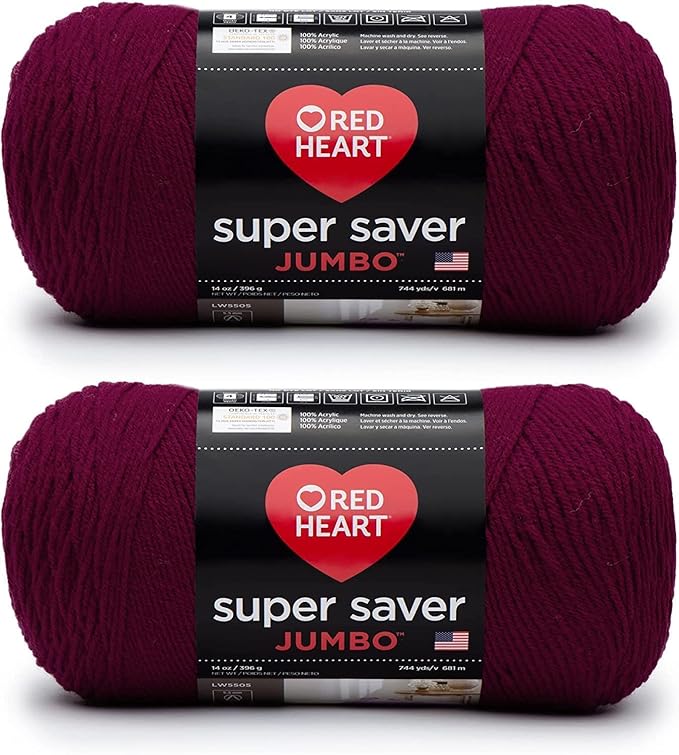 Red Heart Super Saver Jumbo Burgundy Yarn - 2 Pack of 396g/14oz - Acrylic - 4 Medium (Worsted) - 744 Yards - Knitting/Crochet