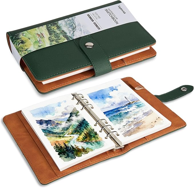 Lightwish Watercolor Sketchbook Refillable 100% Cotton, 300gsm (140lb) - 6.69" x 3.94" Hot Press Watercolor Paper Journal Notebook - 20 Sheets with PU Leather Cover for Drawing Mixed Media