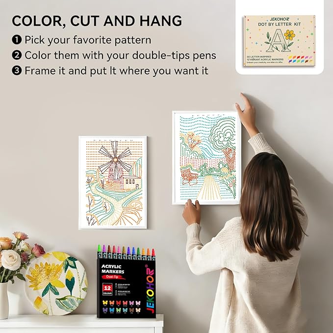 Coloring Book,Village Dot Art Meditations with 12 PCS Acrylic Markers,Mindfulness Adult Coloring Book-Relaxing,Anti-Stress,30 Patterns Coloring Books for Adults,Dot Art for Adults-Country Scenery