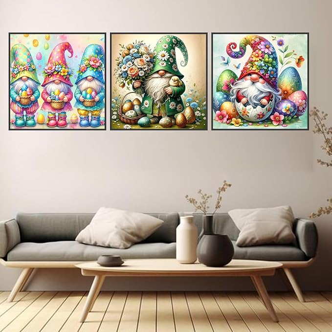 igoodom 3 Pack Easter Diamond Art Kits for Adults, Gnome Diamond Painting Kit, Full Drill Round Diamond Art Kits, DIY Gem Art and Crafts for Home Wall Decor Gift 14x14inch
