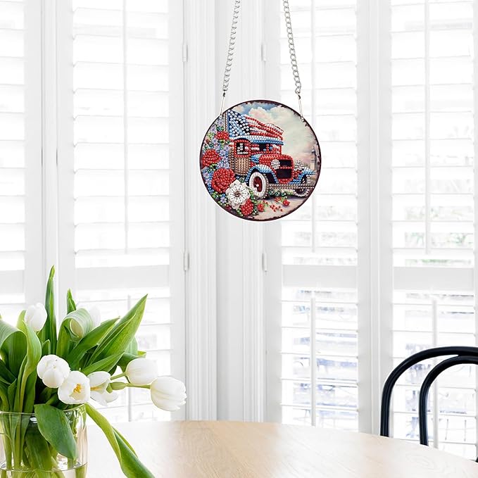 DIY 5D Diamond Painting Ornament Independence Day Car with American Flag, Diamond Art Acrylic Hanging Pendant, 4th of July Patriotic Diamond Painting Kit for Adults Home Door Car Decoration