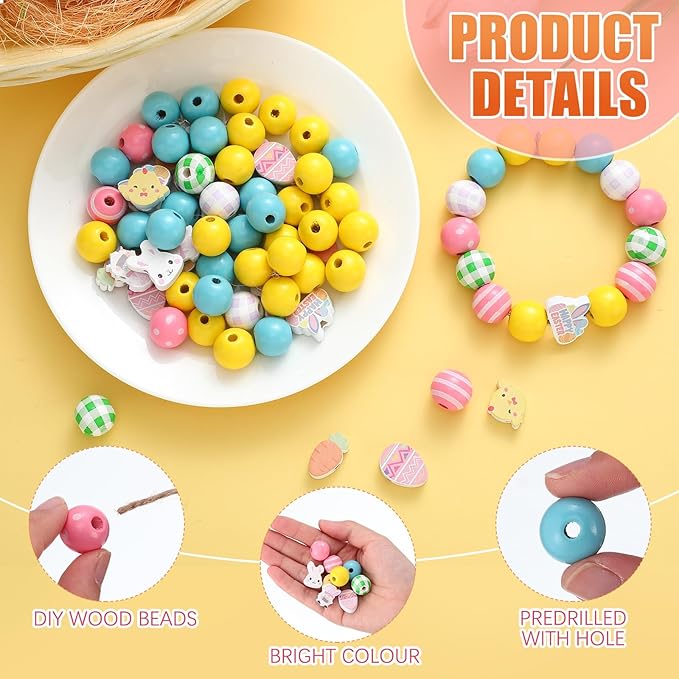 Chitidr 180 Pcs Easter Wooden Beads with Clear Box Bunny Egg Colorful Wood Beads Rabbits Chick Farmhouse Beads for Easter DIY Garland Crafts Party Decoration