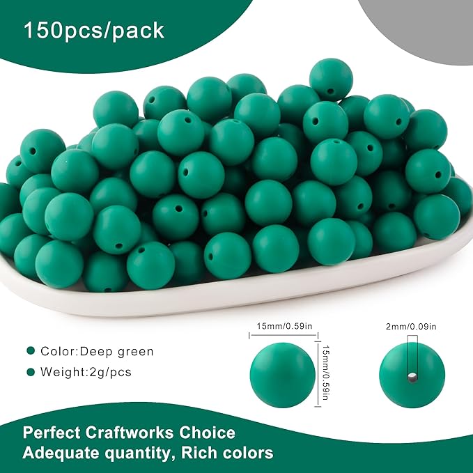 Silicone Beads, 150Pcs 15mm Round, Bulk for Keychain Making, Bracelet Making, Necklace Making, Deep Green
