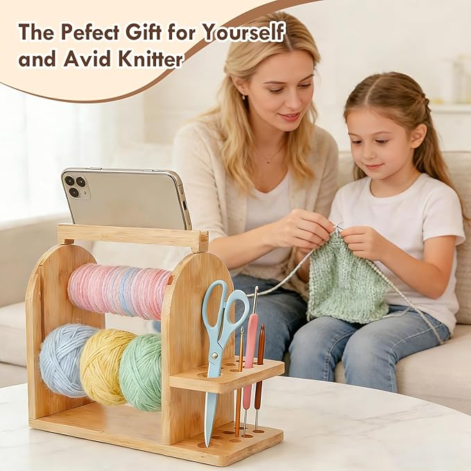 Durable Wooden Yarn Holder for Crocheting and Knitting with Built-in Phone Stand Crochet Kits for Beginners Yarn Storage Accessories Organizer Gifts for Crocheters with Dual Rods and Tool Holder