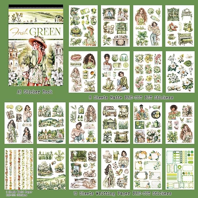 Fresh Green Scrapbook Sticker Book for Scrapbooking, A5 Size, Assorted PET Washi Paper Materials, 20 Sheets Diecut Journaling Stickers for Adults, Junk Journal Supplies, Collage, Crafts Arts