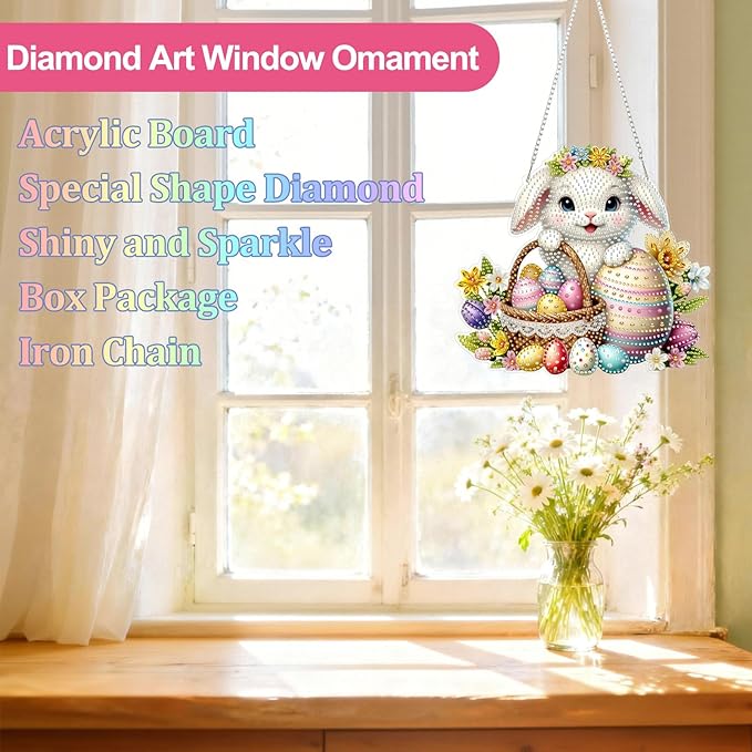 CEOVR Easter Hanging Diamond Art for Adults, Easter Bunny Egg Diamond Painting Pendant DIY Rabbit Gem Art Wall Hanging Ornament, Acrylic Home Garden Decor with Chain, Box Kit 9.58×8.73inch