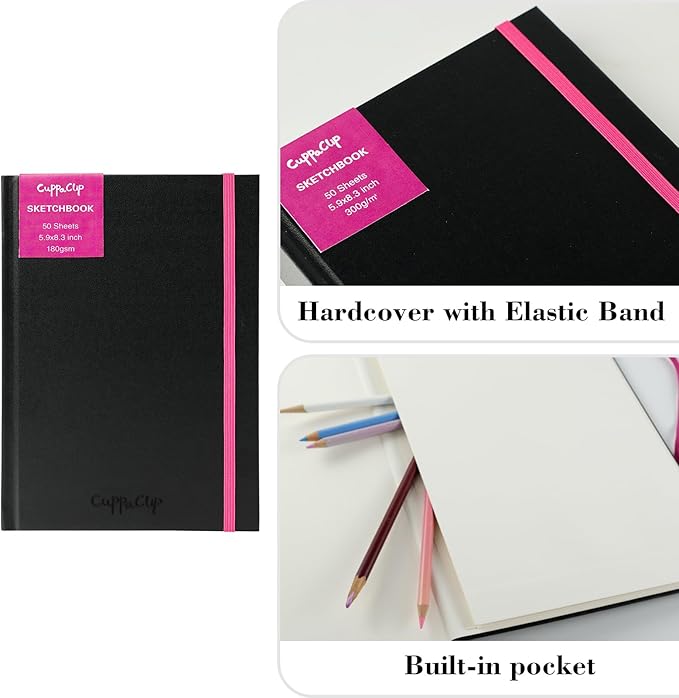 CuppaClip Sketch Book Hardcover Drawing Pad 300GSM Acid-Free Paper Spiral Bound Sketchbook 50 Sheets/100 Pages Art Supplies (Hardcover, 4x5.9in)